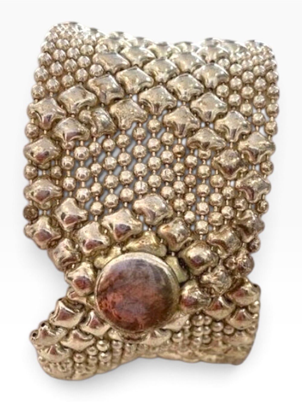 Vintage 1960s Silver-Toned Metal Wide Bracelet With Textured Beaded Design & Rou